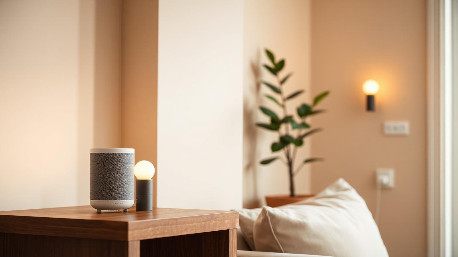 Cozy modern living room at dusk with a smart speaker, smart bulb, and smart plug subtly placed.